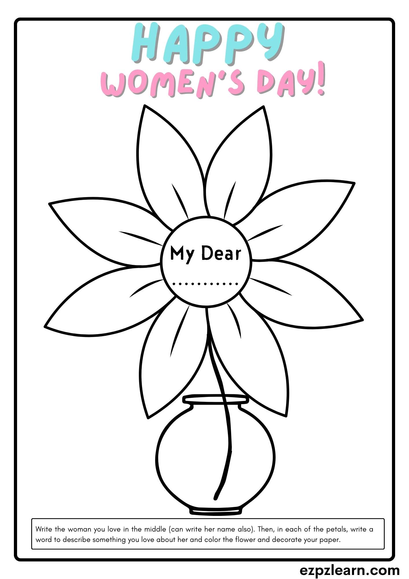 Women's Day Coloring and Writing Activity pdf - Ezpzlearn.com